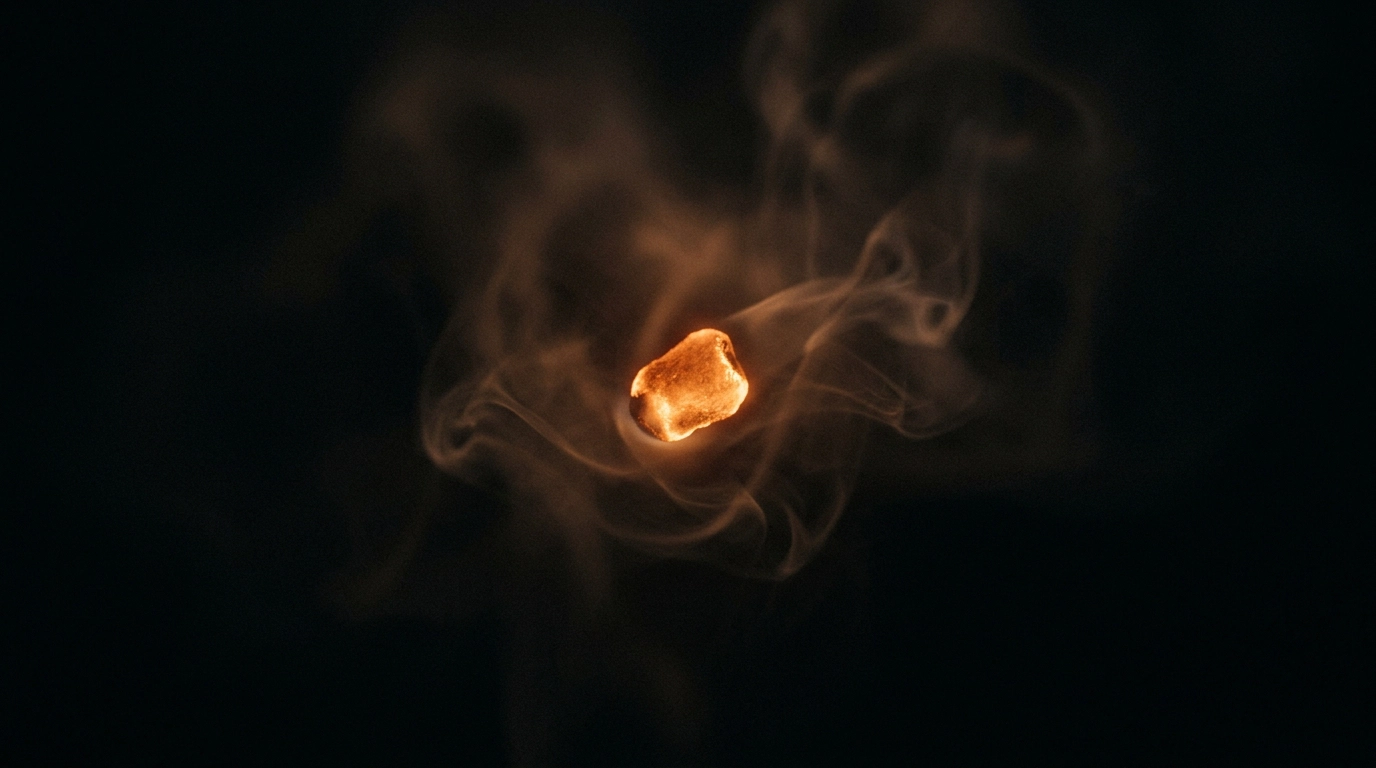 A single warm ember floating in pitch darkness, soft volumetric smoke curling around it.