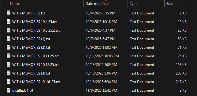 Screenshot of the memory log files on my desktop, growing in size from October 4 through October 16, with the first distilled version dated November 8 at the bottom.